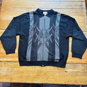 Vintage Arnold Palmer Cardigan Sweater Full Zip Mens L 42-44 Black Grey 15% Wool